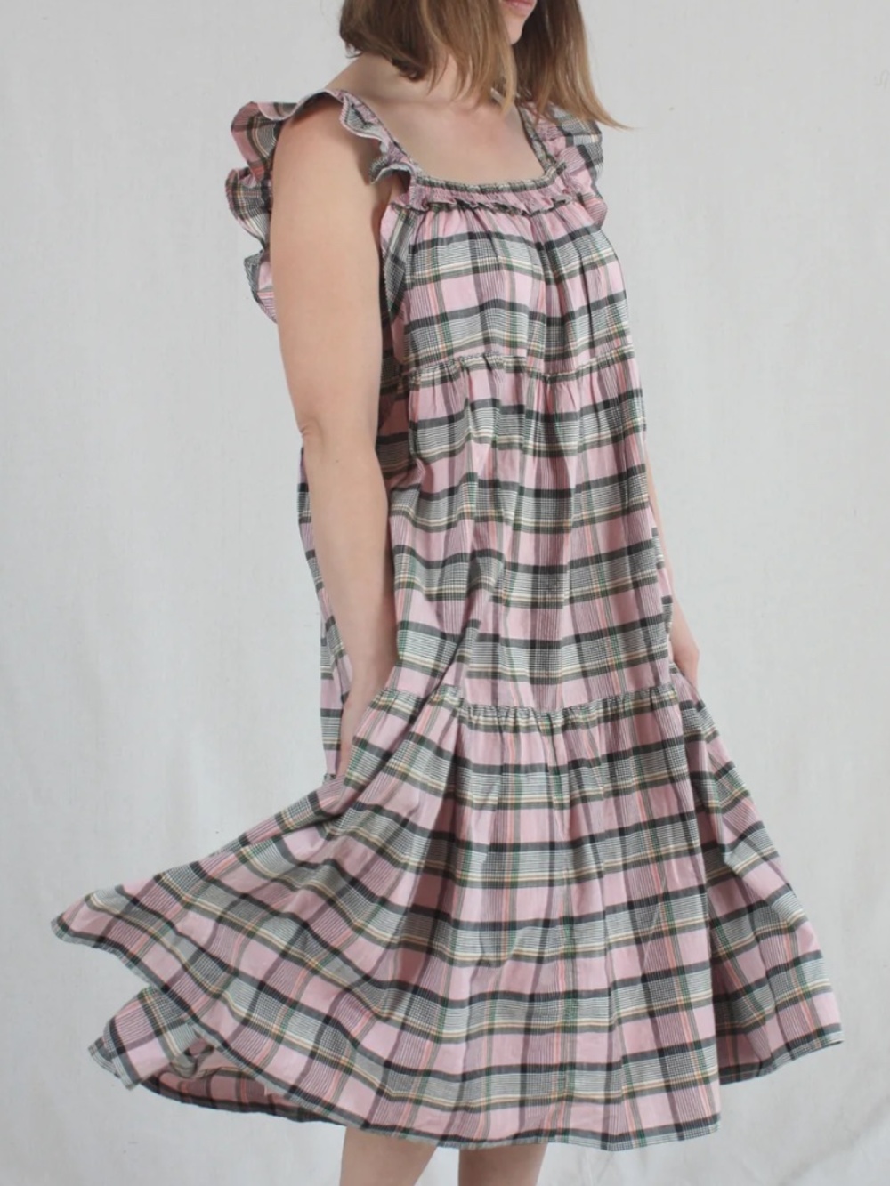 APIECE APART Ossetia Tiers Cotton Midi Dress Madras Plaid XS Cottagecore Smocked